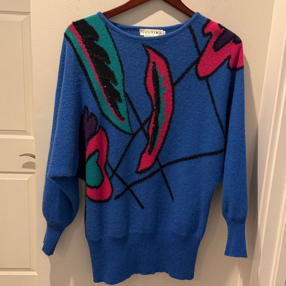 L’ultima Blue Colorful Abstract Sweater 80’s Retro with sequins& Rabbit hair M